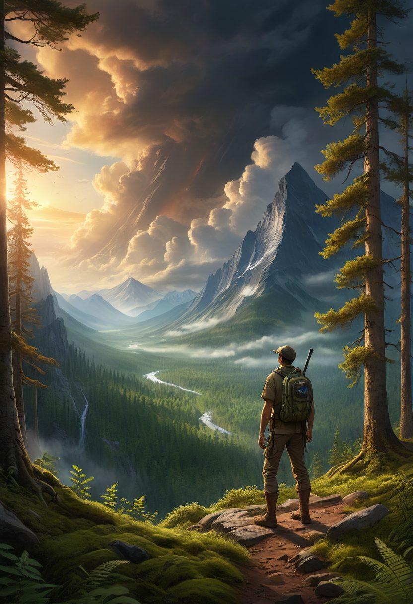 A lone scout standing at the edge of a vast, mysterious forest, looking out over a panoramic view of dark, swirling clouds and distant mountains. The scout's expression shows a transformation from sorrow to determination, with a soft beam of sunlight breaking through the clouds, illuminating a clear path ahead. The forest teems with life, hinting at hidden wonders and new beginnings. super-realistic. dramatic lighting. vibrant colors.