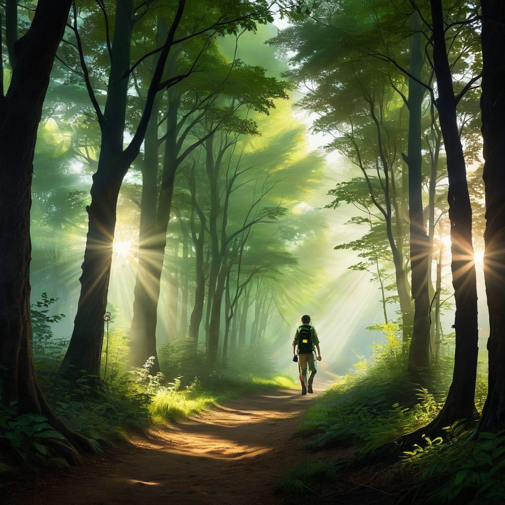 A serene forest path illuminated by gentle, dappled sunlight filtering through lush green leaves, with a lone scout figure holding a lantern, symbolizing guidance through melancholy. Subtle shadows representing sorrow blend beautifully with hints of blooming flowers that signify hope. Soft, warm colors create a tranquil atmosphere, inviting the viewer to embark on a journey of healing and discovery. super-realistic. vibrant colors. ethereal glow.