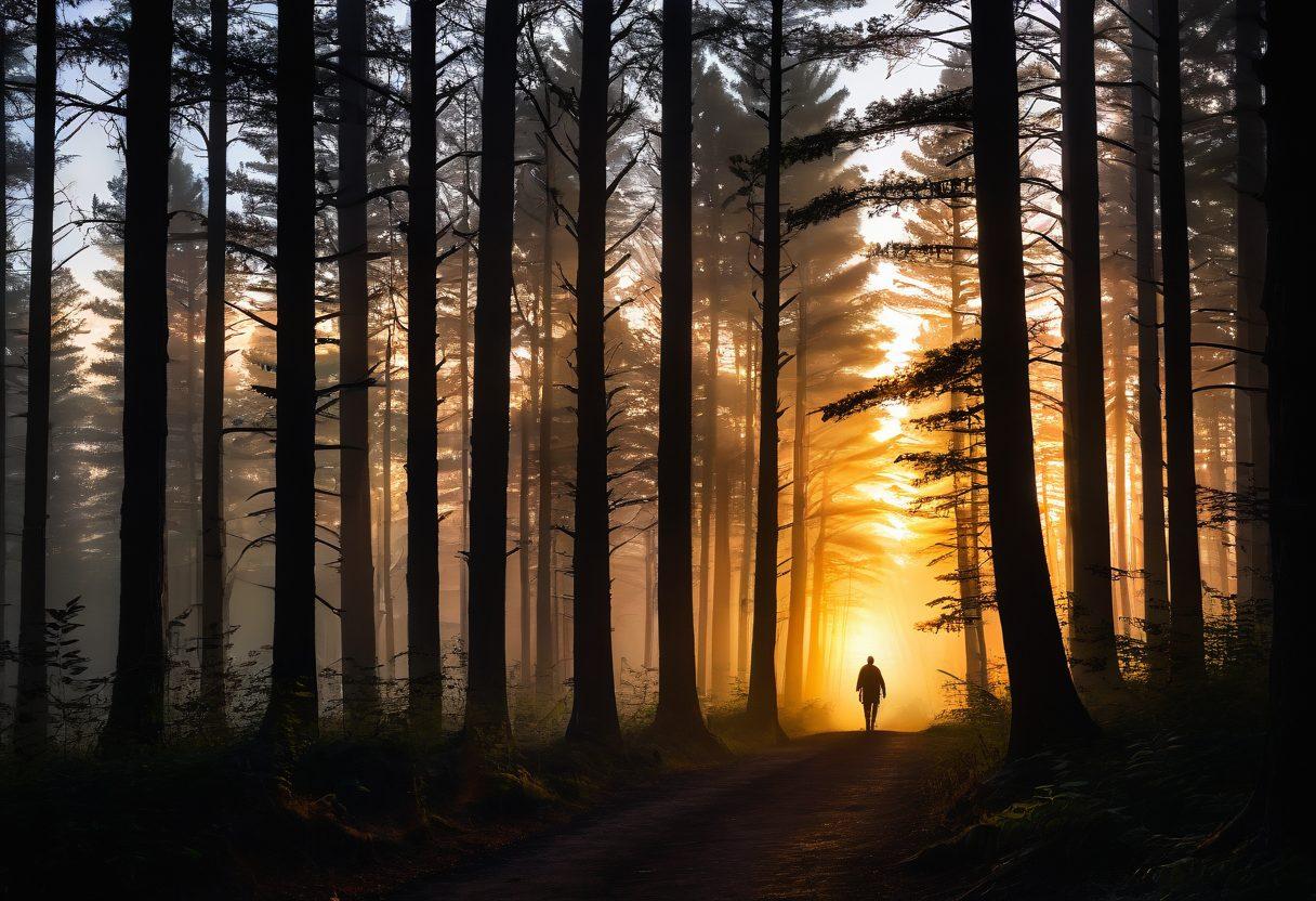 A silhouetted figure stands at the edge of a dark forest, looking towards a vibrant sunrise breaking through the clouds, symbolizing hope and transition. Shadowy trees loom behind, while rays of golden light illuminate a path ahead, inviting the figure to move forward. The atmosphere blends elements of despair with a sense of rising optimism. ethereal glow. super-realistic. vibrant colors.
